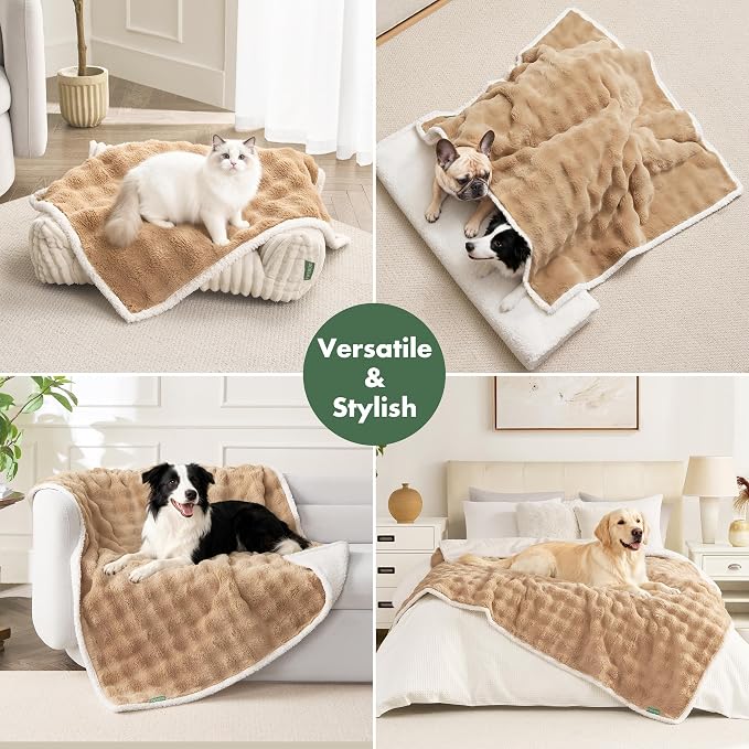 Soft Cozy Waterproof Dog Blanket for Large Dogs - Room Decor Pet Throw Blanket for Couch Bed Protector, Washable Dog Blankets for Indoors & Outdoors, Khaki, 50"x60"