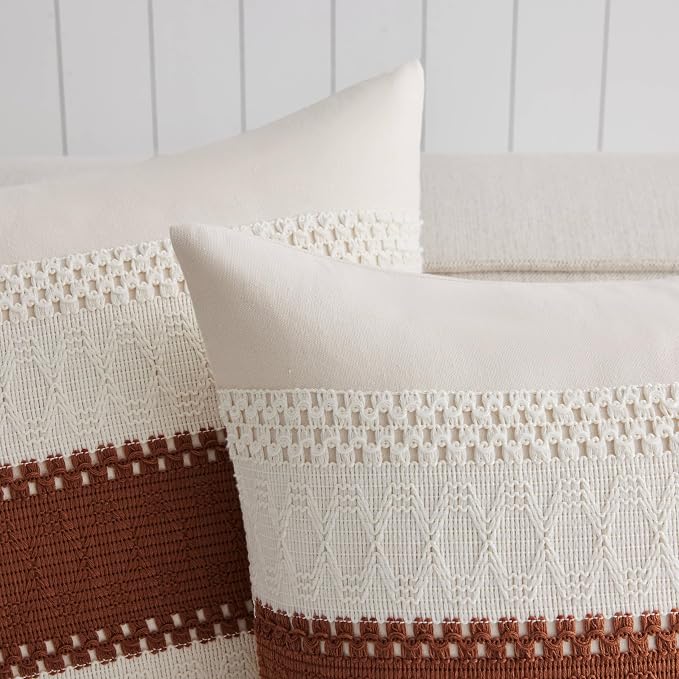 2 Pack Boho Lumbar Pillow Covers, Contrast Terracota 12x20in | Soft Breathable Cotton, Farmhouse Decorative Couch Pillow Cases, Cushion Covers for Sofa Bed Living Room Home Decor