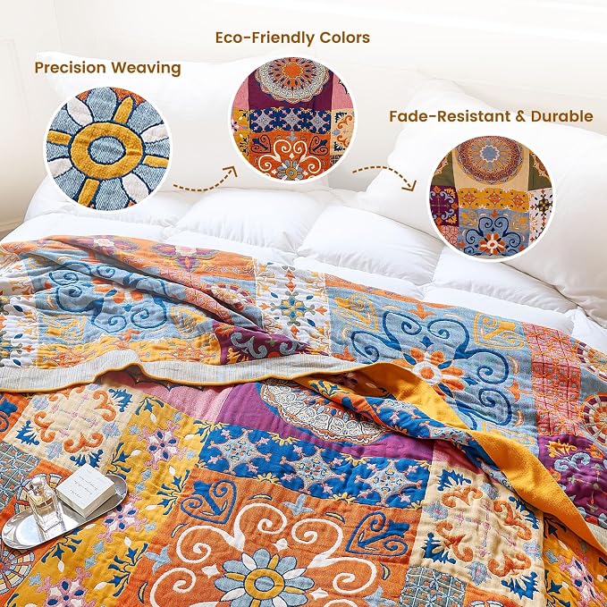 MSGKV Boho Throw Blanket 90"x108" 100% Cotton Roman Muslin King Blanket | 100% Cotton Muslin, King Size Throw Blanket, Soft & Breathable, Lightweight Comfort, Bedroom Home Accent, Machine Washable
