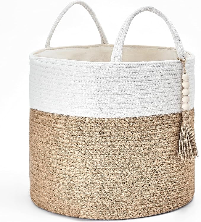 Mkono Woven Storage Basket for Blanket, Toys Plant Organizer, 16"W x 13.8"L | Cream White and Brown, Decorative Basket with Handle, Wood Beads Tassel, Shoes Towel Storage Bin, Living Room Bedroom Nursery