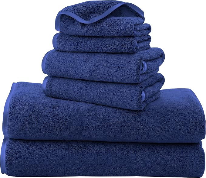 TENSTARS Luxury Silk Hemming Towel Set - Light Thin Quick Drying - 2 Bath Towels 2 Hand Towels 2 Washcloths - Ultra Soft Microfiber Towel for Bath Fitness, Sports, Yoga, Travel (Navy Blue 6 Pieces)