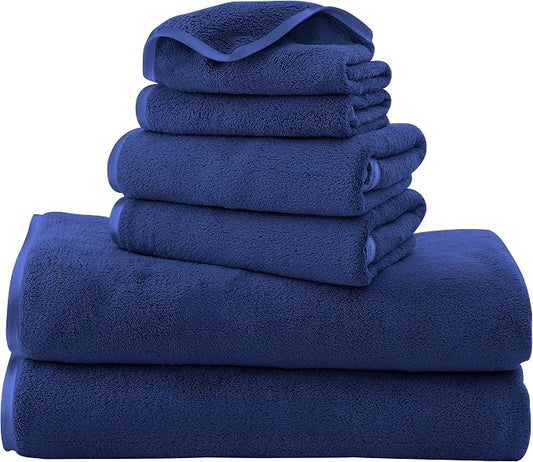 TENSTARS Luxury Silk Hemming Towel Set - Light Thin Quick Drying - 2 Bath Towels 2 Hand Towels 2 Washcloths - Ultra Soft Microfiber Towel for Bath Fitness, Sports, Yoga, Travel (Navy Blue 6 Pieces)