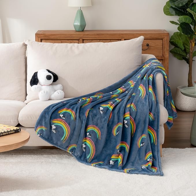 Berkshire Blanket Peanuts® VelvetLoft® Cute Character Snoopy Plush Oversized Throw Blanket, Peanuts Snoopy Rainbow No Dot Dusty Navy (50in x 60in)
