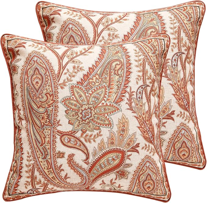 Vintage Linen Throw Pillow Cover,Set of 2,18"x18"-Chauffrey A | Designer Elegant Square Pillow Cover,Concealed Zipper Design,Cashew Pattern,Sofa,Bedroom,Living Room,Lounge Chairs