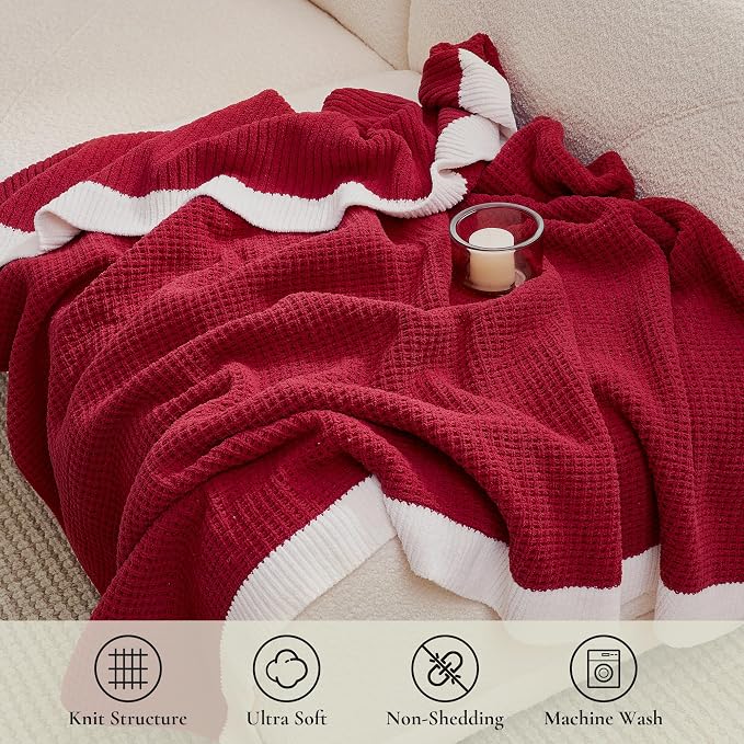 Chenille Throw Blanket, Soft Cozy Waffle Throw for Couch & Sofa, Warm Yet Lightweight, Breathable All-Season Throws for Women Men, Housewarming, Birthdays, 50"x60", Red