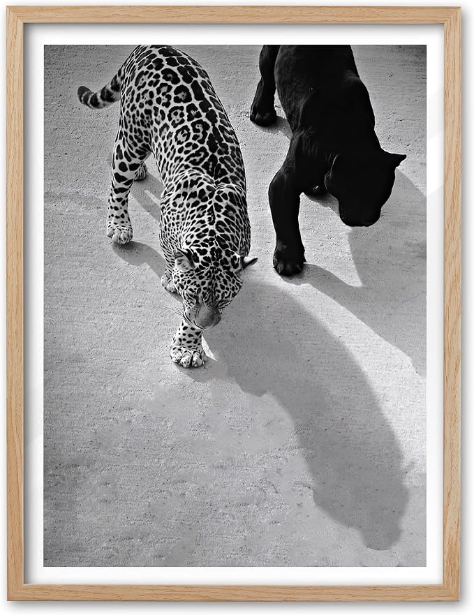 EcoHest 12x16 in Cheetah and Jaguar Walking Framed Wall Art | Natural Oak Wood Frame, Canvas Wall Art, Black and White Animal Fashion Decor for Living Room, Bedroom, Apartment, Dorm,1Pack