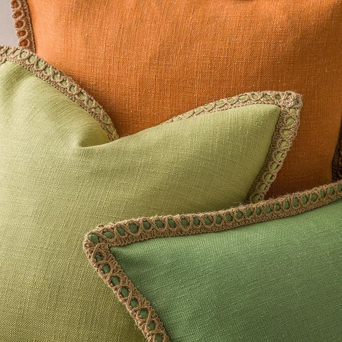 Phantoscope Pack of 2 Farmhouse Decorative Throw Pillow Covers Burlap Linen Pillow Covers Trimmed Tailored Edges Green 20 x 20 inches, 50 x 50 cm