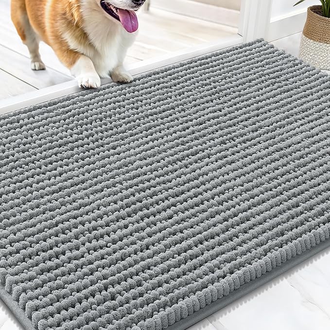 OLANLY Dog Door Mat for Muddy Paws 34x21, Extra Absorbent Chenille Mud Mat | Grey, Absorbs Moisture and Dirt, Non-Slip Machine Washable Doormat, Quick-Drying Indoor Entryway Floor Mat for Dogs