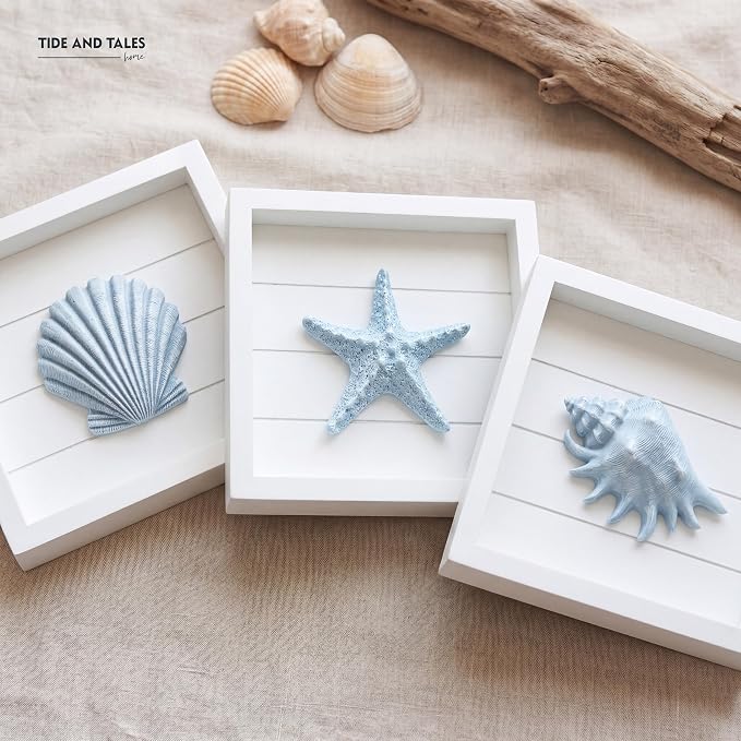 Tide and Tales 3D Coastal Wall Art, Beach Wall Decor, Framed Set of 4, Blue | 7" x 7", Textured 3d Seashells, Wall Decoration for Bathroom, Bedroom or Beach House, Lightweight, Hand Painted, Gift Boxed