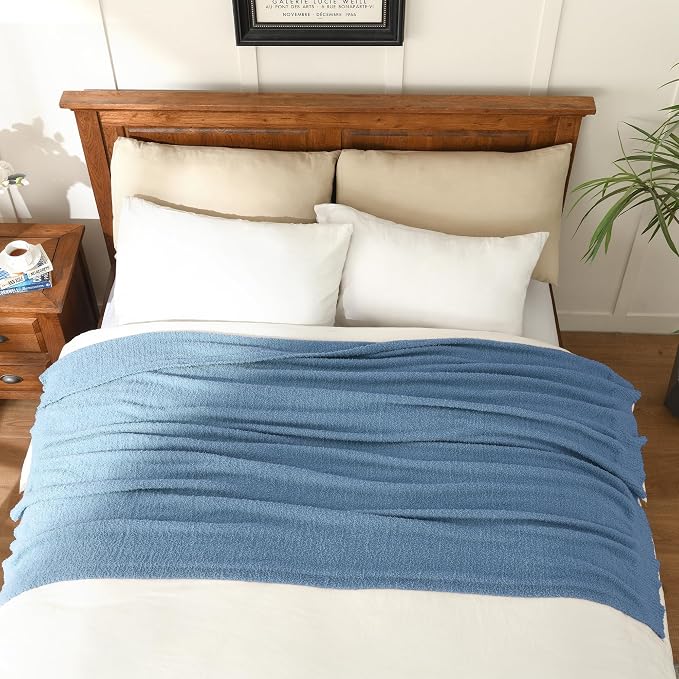 Dusty Blue Throw Blanket for Bed, Super Soft Knit Blankets, Cozy Fleece Fuzzy Fluffy Plush Chenille Throws Blanket for Couch, Sofa, 60 x 80 inches