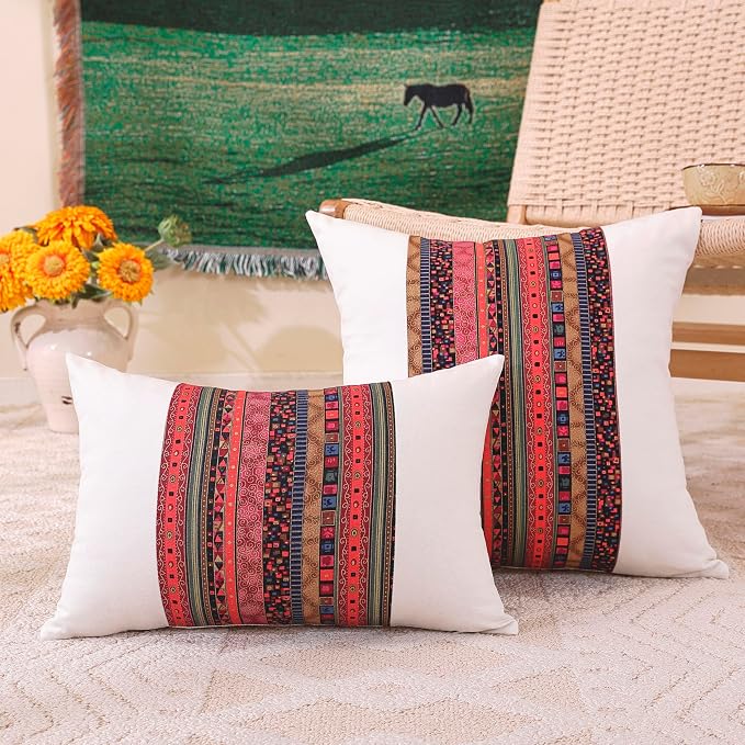 TAOSON Pack of 2 White & Red Stripe Patchwork Throw Pillow Covers 18x18 Inch - Bohemian Farmhouse Cushion Cases with Hidden Zipper for Sofa & Bedroom (Cover Only)