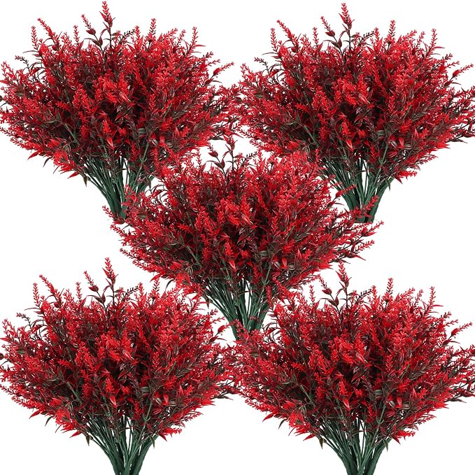 RECUTMS Spring Fall Decoration,Fake Greenery,Artificial Red Flowers Outdoor | 36 Pcs Fake Lavender Plants Indoor UV Resistant Plastic Faux Bouquets for Outdoors Home Garden Porch Thanksgiving Decorations