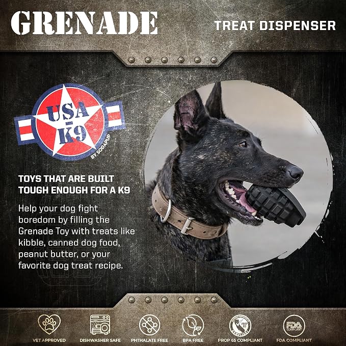 SodaPup USA-K9 Grenade – Durable Dog Treat Dispenser and Chew Toy Made in USA from Non-Toxic, Pet Safe, Food Safe Natural Rubber Material for Mental Stimulation, Problem Chewing, Calming Nerves & More