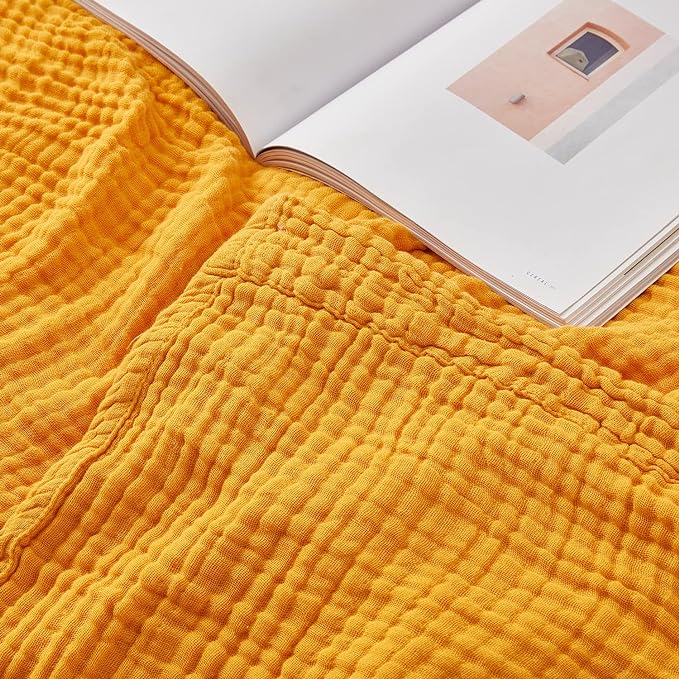 EMME Muslin Blankets for Adults Throw Blanket for Couch Breathable Gauze Soft Lightweight Airy Mustard Yellow Queen 90" x 90"