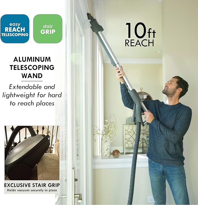 Kenmore Elite 21814 Pet Friendly CrossOver Lightweight Bagged HEPA Canister Vacuum with Pet PowerMate, Extended Telescoping Wand, Retractable Cord, 2 Floor Nozzles, and 4 Cleaning Tools-Silver/Gray | Pet PowerMate, Extended Telescoping Wand, Retractabl...
