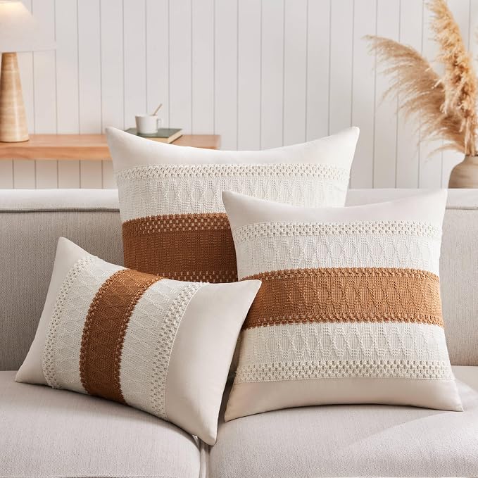 2 Pack Boho Throw Pillow Covers, Contrast Caramel 16x16in | Soft Breathable Cotton, Farmhouse Decorative Couch Pillow Cases, Cushion Covers for Sofa Bed Living Room Home Decor