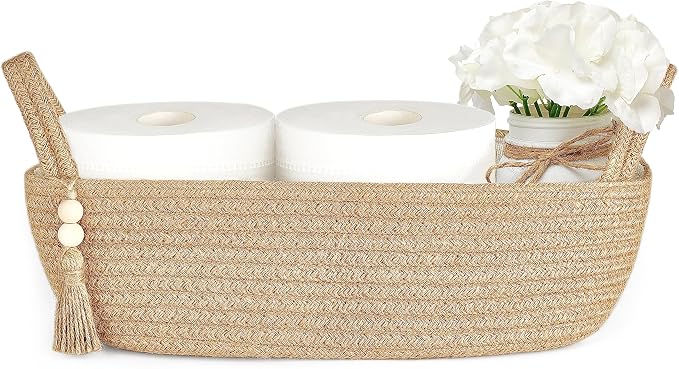 Mkono Toilet Paper Basket, Boho Bathroom Decor, Small Storage Organizer | Brown, 13"L x 6"W, Back of Toilet Basket, Decorative Woven Tray with Handles, Space-Saving, Living Room Bedroom, 1 Pack