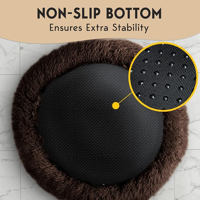 PetJett Dog Beds Large Sized Dog - 36'' Calming Round Bed, Anti-Slip & Washable Super Soft Donut Bed, Fluffy Faux Fur Anti-Anxiety Premium Comfort Pet Bed, Fits Dogs up to 80 lbs - Brown
