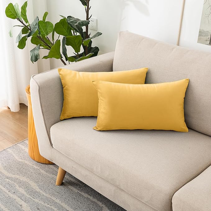 NiNi ALL Yellow Velvet Throw Pillow Covers 12x20 Pack of 2 Decorative Couch | Soft Solid Cushion Squar Pillow Cases for Chair Sofa Bedroom Farmhouse Living room Modern Luxury Home Decor Fall Halloween
