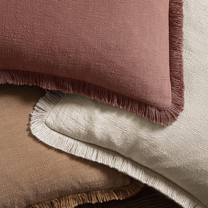 MIULEE Linen Fringe Decorative Fall Throw Pillow Covers Autumn Glaze 18x18 | Set of 2, Cottagecore Decor, Boho Farmhouse Neutral Pillow Covers, Rustic Fall Couch Cushion Cases for Sofa Bed Living Room