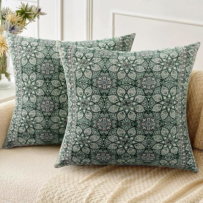 Boho Throw Pillow Covers 22x22 inch Set of 2,Soft Pillowcases Bohemia Carpet Printing Pattern Decorative Sofa Living Room Bed Square Pillow Case Cushion Cover-Green Flower