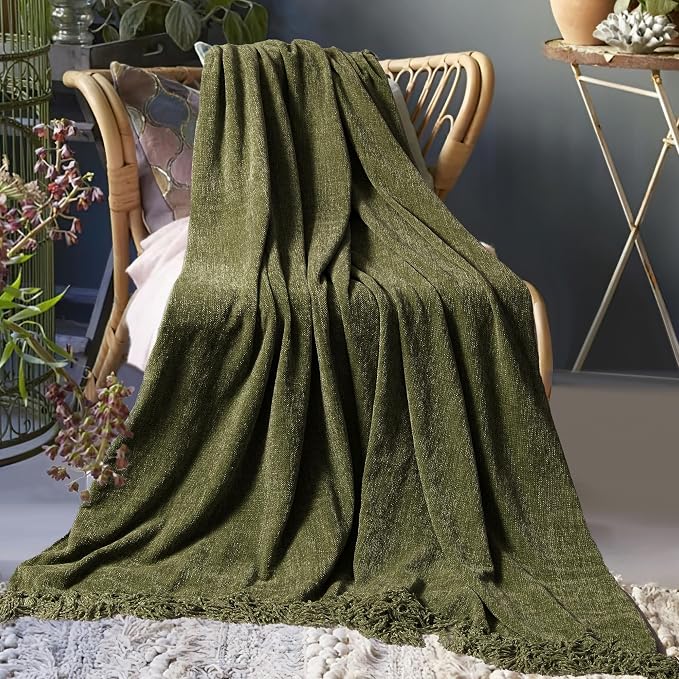 Chenille Throw Blanket for Couch 60" x 80" Twin, Olive Green | Soft Cozy Throws with Fringe Tassel, for Living Room Bed Sofa Chair Cover, Lightweight Knitted Boho Blankets Christmas Decor