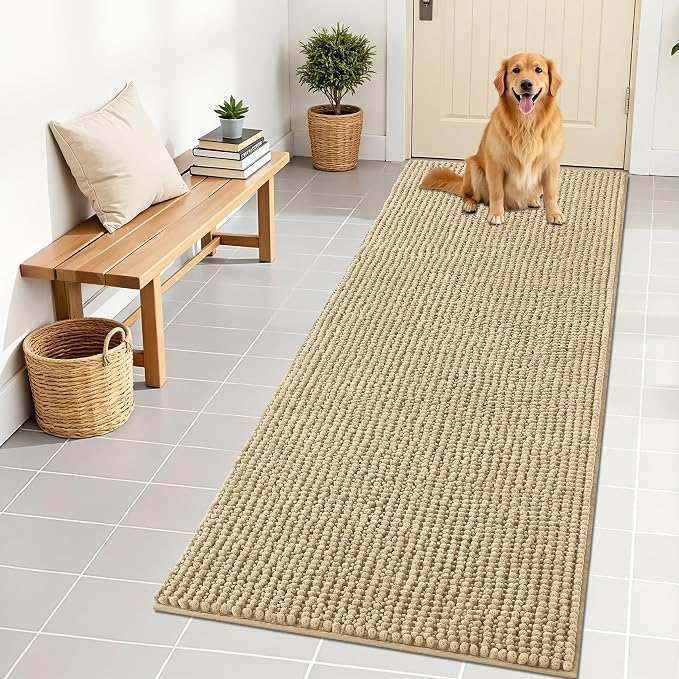 OLANLY Dog Door Mat for Muddy Paws 70x24, Extra Absorbent Chenille Mud Mat | Beige, Absorbs Moisture and Dirt, Non-Slip Machine Washable Doormat, Quick-Drying Indoor Entryway Floor Mat for Dogs