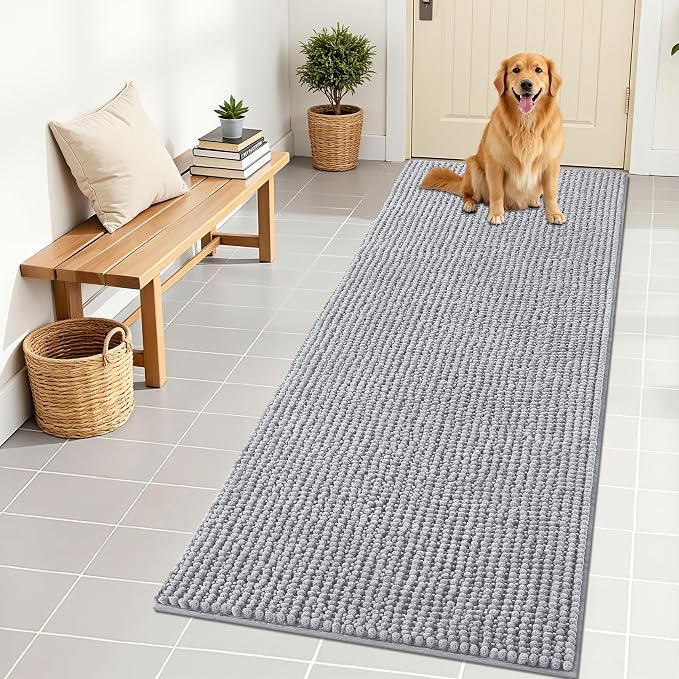OLANLY Dog Door Mat for Muddy Paws 70x24, Extra Absorbent Chenille Mud Mat | Light Grey, Absorbs Moisture and Dirt, Non-Slip Machine Washable Doormat, Quick-Drying Indoor Entryway Floor Mat for Dogs