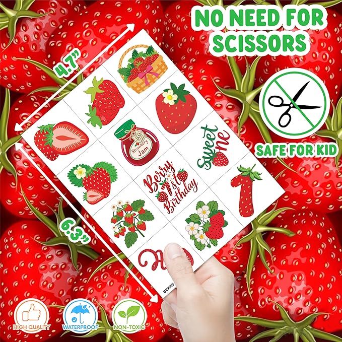 96PCS Strawberry Berry Pre-Cut Temporary Tattoos for Kids | Super Cute 1st Themed Birthday Party Favors, Supplies, Decorations, Funny Fake Tattoo Stickers (Multiple)