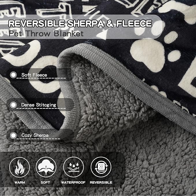 Washable Waterproof Dog Blankets for Large Dogs 60"x80" | Soft Fluffy Pet Blanket for Couch Sofa Car Crate Bed Protector, Reversible Sherpa Fleece Dog Blanket, Letters