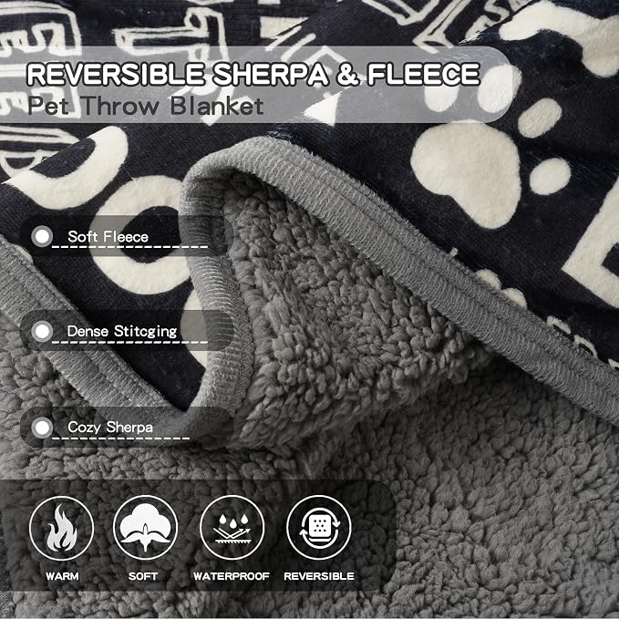 Waterproof Pet Blanket for Small Dogs and Cats 30"x40" | Washable Dog Blanket, Soft Fluffy Sofa Car Bed Protector, Reversible Sherpa Fleece Puppy Blanket, Letters