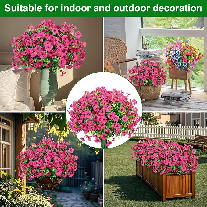 12 Pcs Artificial Flowers for Outdoors Decorations, Rose Red | Lifelike silk flowers, UV resistant, faux plastic plants, for garden porch window table vase home indoor outdoor decor