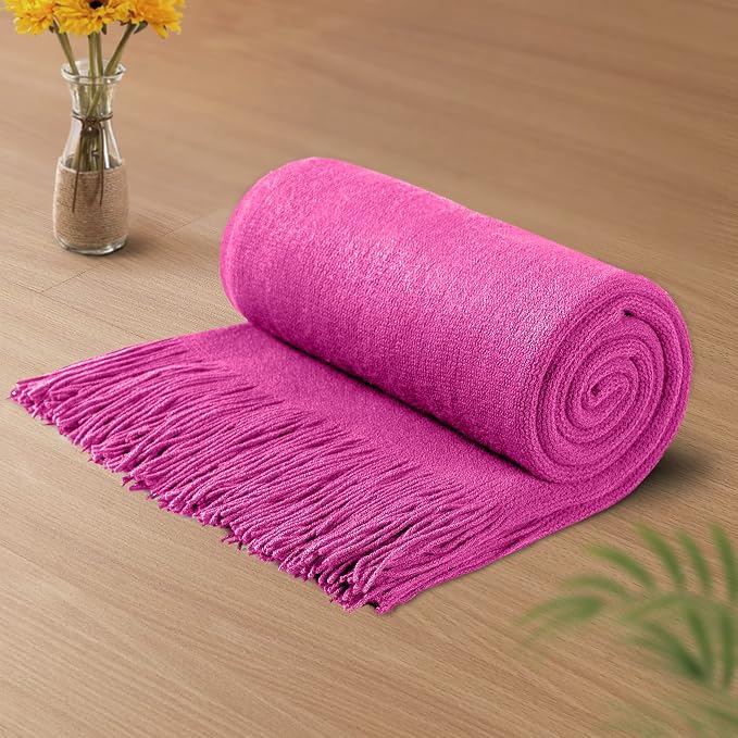 Vonty Hot Pink Knitted Blanket with Tassels Fringe 60" x 80", Super Soft Knit Throw Blanket, Farmhouse Decorative Lightweight Blanket for Couch, Sofa, Bed | Super Soft And Lightweight, Year-Round Cozy Warmth, Farmhouse Decorative Style, Machine Washabl...