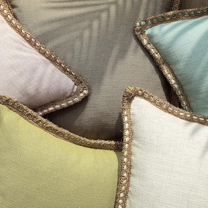 Phantoscope Pack of 2 Farmhouse Decorative Throw Pillow Covers Burlap Linen Trimmed Tailored Edges Light Turquoise 20 x 20 inches, 50 x 50 cm