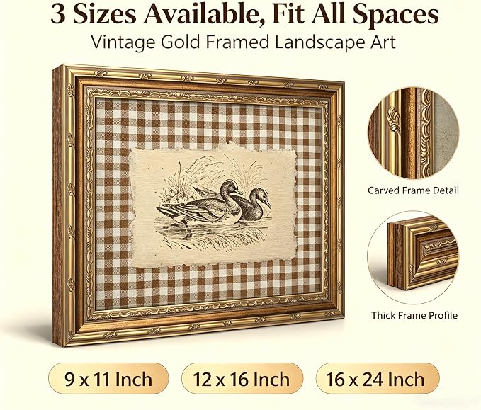 Vintage Gold Framed Wall Art, Brown Gingham Sketch Ducks Canvas Prints, Retro Rustic Farmhouse Animal Picture Wall Decor, Country Cottagecore Goose Poster Artwork for Living Room Bedroom