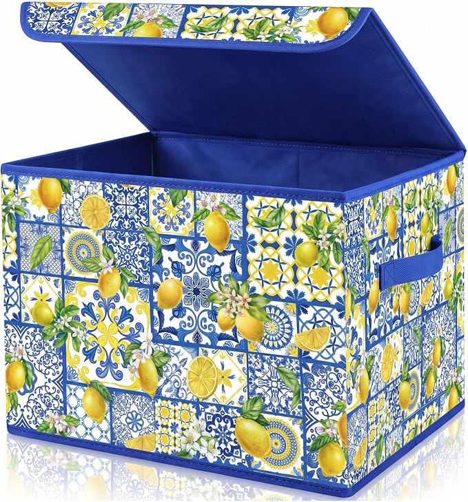 Briwooody Capri Lemon Storage Bin with Lid and Carrying Handle Italy Lemon Foldable Storage Box Large Blue Summer Fruit Decorative Collapsible Container Basket for Organizing Closet Home Bedroom Gift