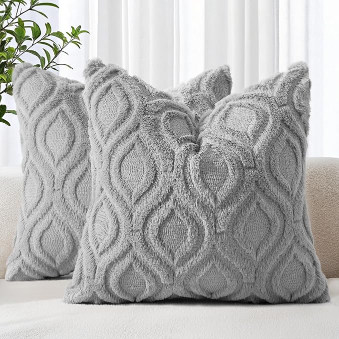 decorUhome Faux Fur Plush Soft Grey Throw Pillow Covers 18x18 Set of 2 | Wool Solid Fall Couch Pillow Covers, Accent Modern Farmhouse Neutral Decorative Square Pillow Cases for Sofa Bed Living Room