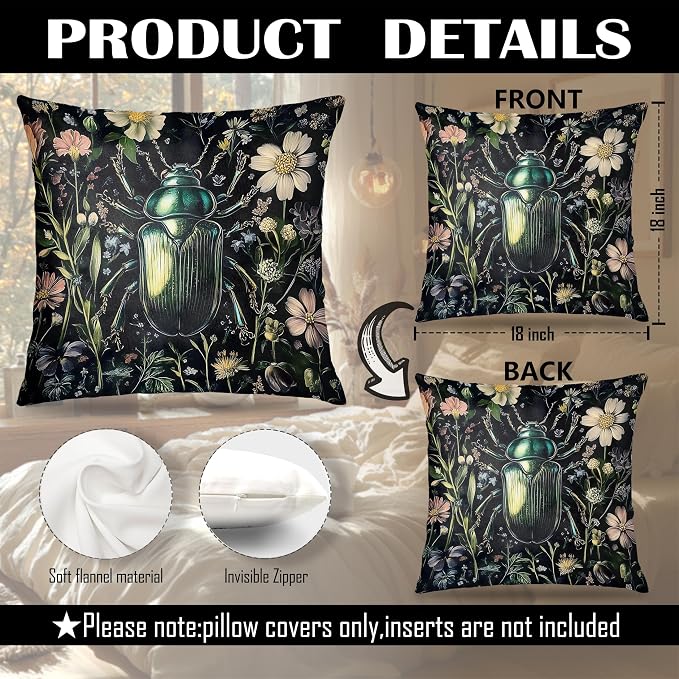William Morris Inspired Floral Green Beetle Pillow Covers 18x18, Dark Cottagecore Botanical Wildflower Insect Decorative Throw Pillow Covers for Bedroom Living Room Home, Cottagecore Room Decor