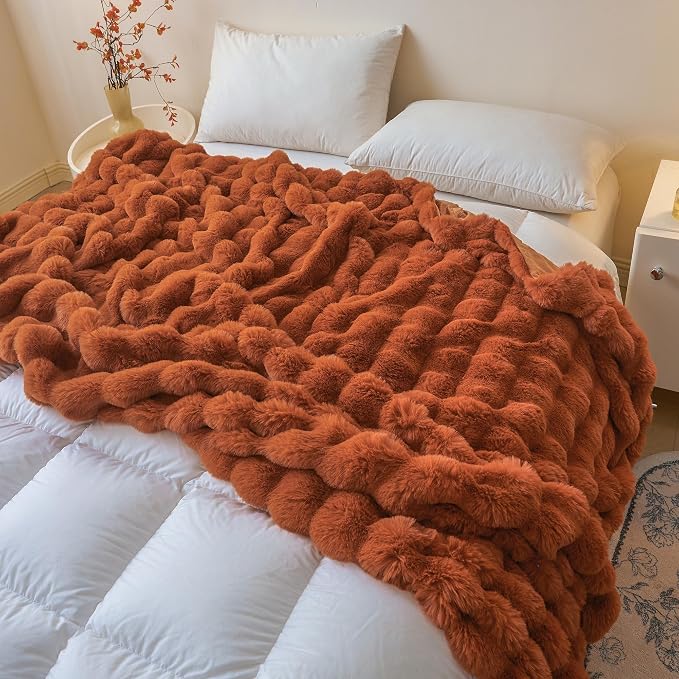 LIFEREVO Luxury Fluffy Faux Rabbit Fur Throw Blanket 50x60, Burnt Orange | Plush Bubble Blanket for Bedroom Living Room Office, Decorative Soft Furry Lap Throw for Kids Girls Teens Adults, Washable