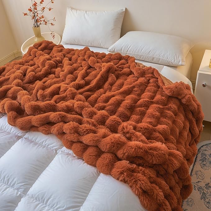 LIFEREVO Luxury Fluffy Faux Rabbit Fur Throw Blanket 60x80, Burnt Orange | Plush Fuzzy Bubble Lap Throw for Couch Sofa Office, Soft Cozy Furry Bed Blanket Home Decoration, Washable & Skin-friendly