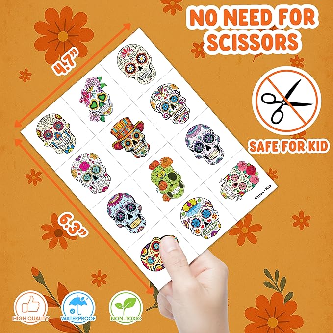 Skull Temporary Pre-Cut Tattoos for Kids – 60 PCS (5 Sheets) Fiesta Sugar Skull Party Favors, Mexican Day of the Dead Decorations, Cute Stickers for Baby Girls Boys, Classroom School Carnival Supplies
