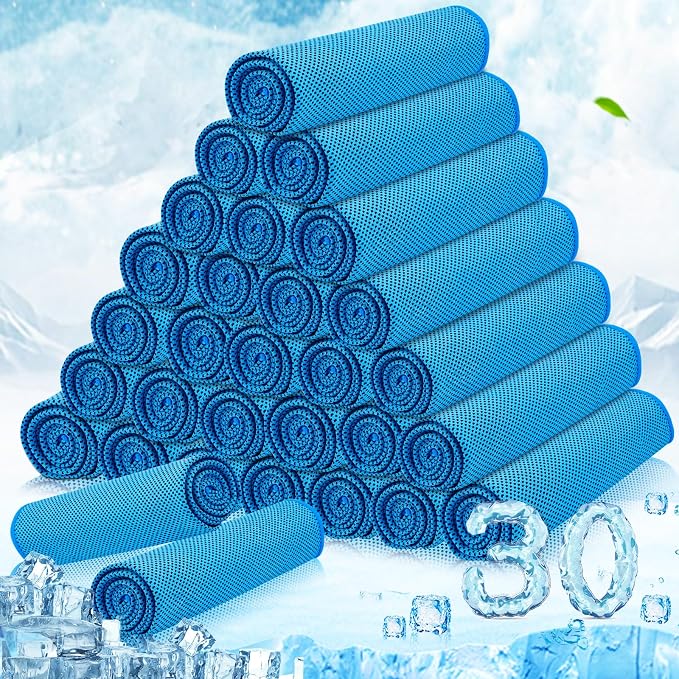 MENOLY 30 Packs Cooling Towels Bulk Cooling Towels for Neck and Face Gym Workout Cooling Neck Rags for Sports Yoga Soft Microfiber Breathable Sweat Rags for Hiking Running Fitness-Blue