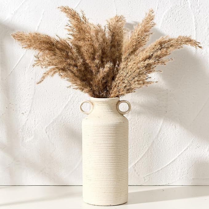 Vaseking Ceramic Rustic Vase with 2 Round Handles, Antique Farmhouse Flower Vase, Vintage Terracotta Vases for Home Decor, Wedding, Living Room, Table, Shelf Decor - 10.2 Inch Tall, Fossil