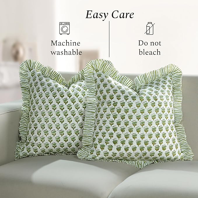 CPC Block Print Ruffle Throw Cover Emerald Green 20"x20" Inch Pack of 2-100% Cotton Ruffle Couch Decorative Boho Pillows Case for Living Room, Bedroom, Sofa, Farmhouse Gift for Spring, Mother's Day