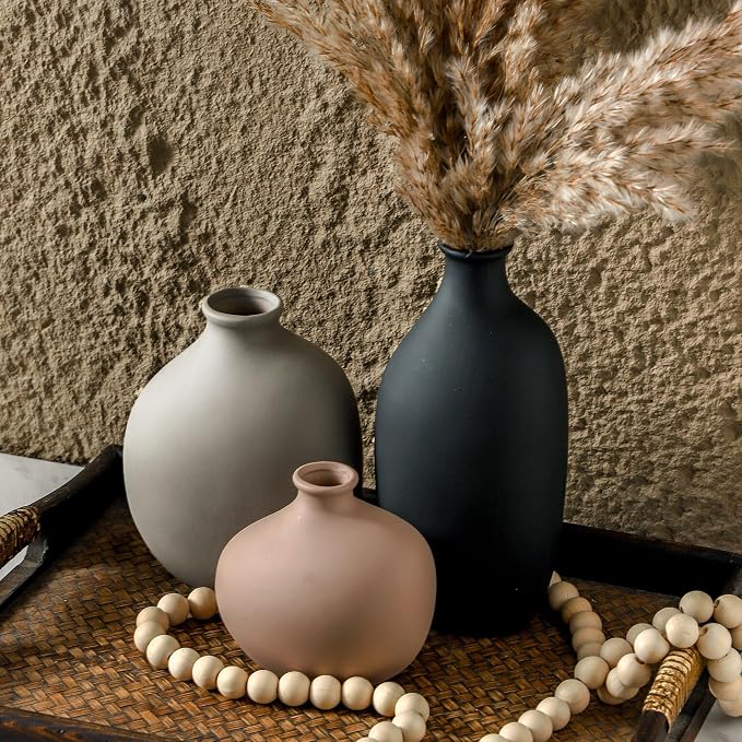 Ceramic Vase Set of 3, Small Modern Minimalist Pottery Vases for Home Decor | Set of 3 with unique shapes and matte finish, perfect for shelves, tables, dried flowers and pampas grass.