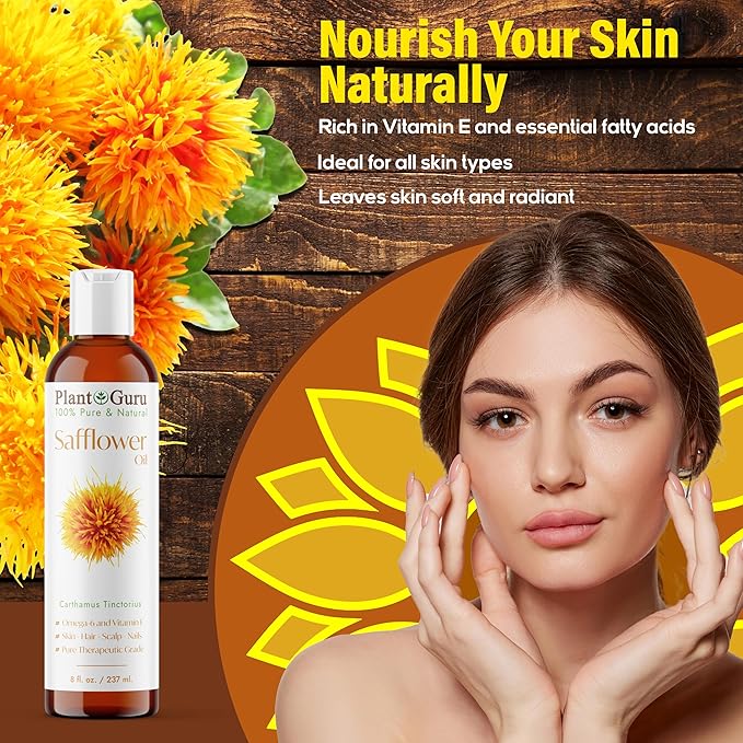 Plant Guru Safflower Oil 8 fl. oz. – Cold Pressed, 100% Pure & Natural Carrier for Skin, Face, Body, Hair, and Cooking. Great for DIY Creams, Lotions, and Lip Balms.
