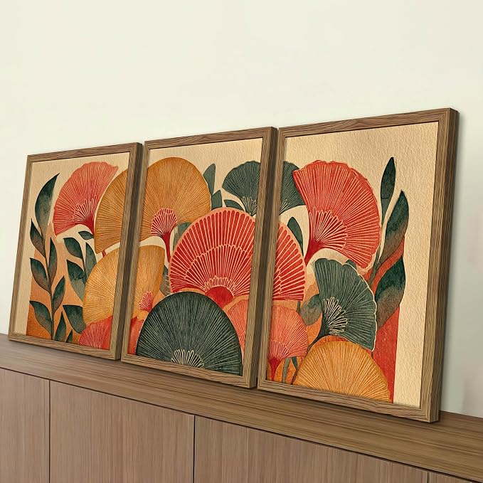 Framed Colorful Botanical Wall Art Set of 3, Vintage Ginkgo Leaves Canvas Wall Decor Paintings, Mid Century Abstract Flowers Posters Prints Pictures for Living Room Bedroom Bathroom 16x24 Inch