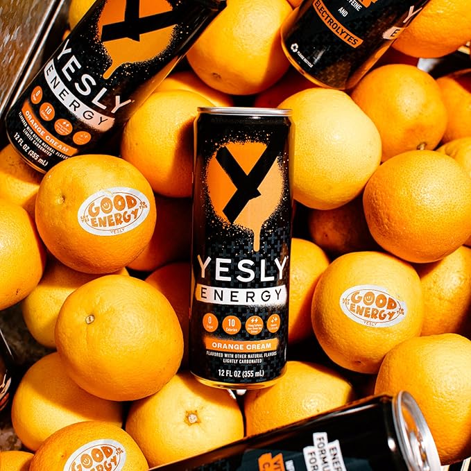 Yesly Energy Drink, Orange Cream, Naturally Flavored Sparkling Energy Drink With Electrolytes, Magnesium, Potassium, Vitamin C, B6 & B12, Natural Caffeine From Green Tea, 12 Fl Oz Cans, 12 Pack