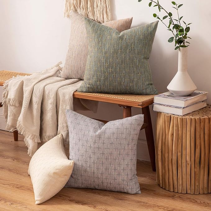 MIULEE Pack of 2 Decorative Burlap Linen Throw Pillow Covers Modern Farmhouse Pillowcase Rustic Woven Textured Cushion Cover for Sofa Couch Bed 20x20 Inch Khaki