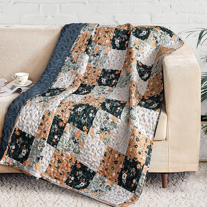 Exclusivo Mezcla Reversible Boho Quilted Throw Blanket, 50"x 60" | Lightweight Summer Quilt Throw, Designed for Bed/ Couch/ Sofa, Navy Patchwork Pattern